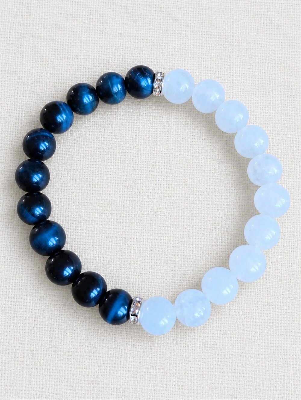 White Jade & Blue Tiger Eye Beaded Stretch Bracelet | Handmade